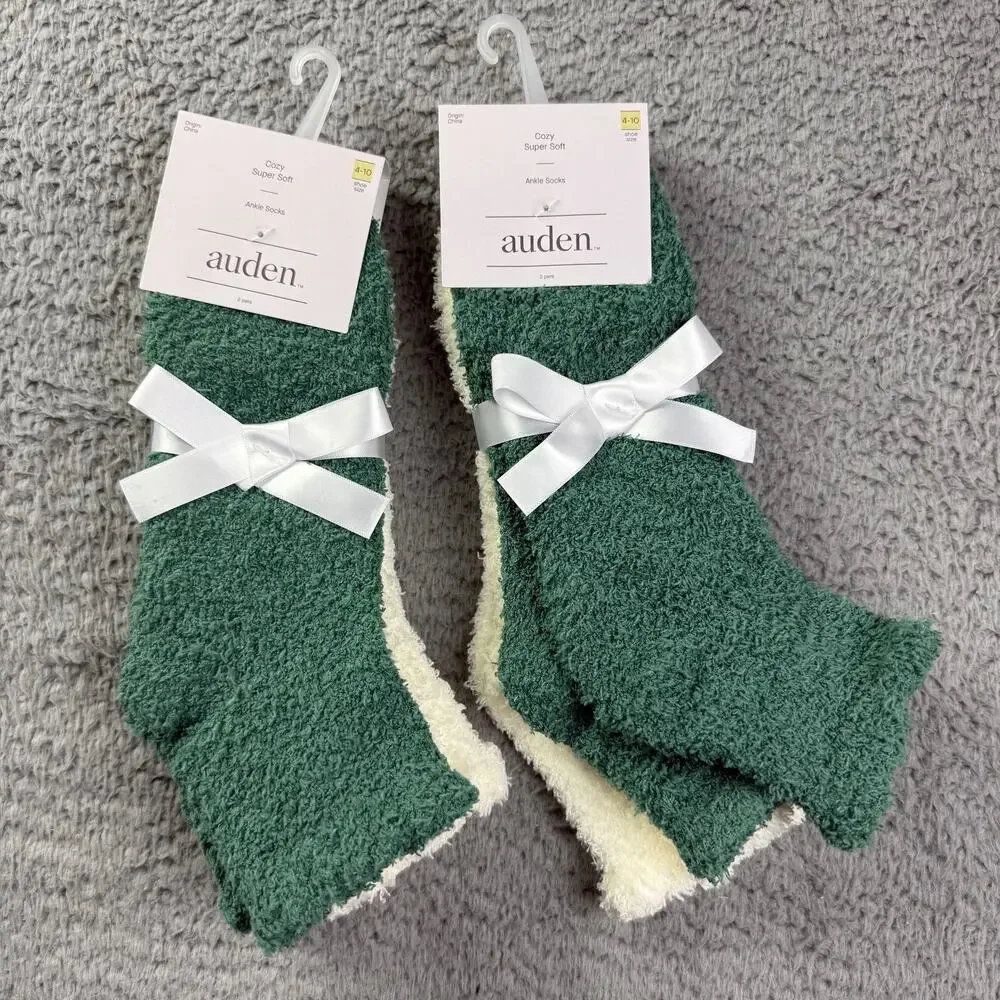 Lot Of 2 -Auden Cozy Super Soft Ankle Socks Womens 4-10 Green Cream 4 Pairs